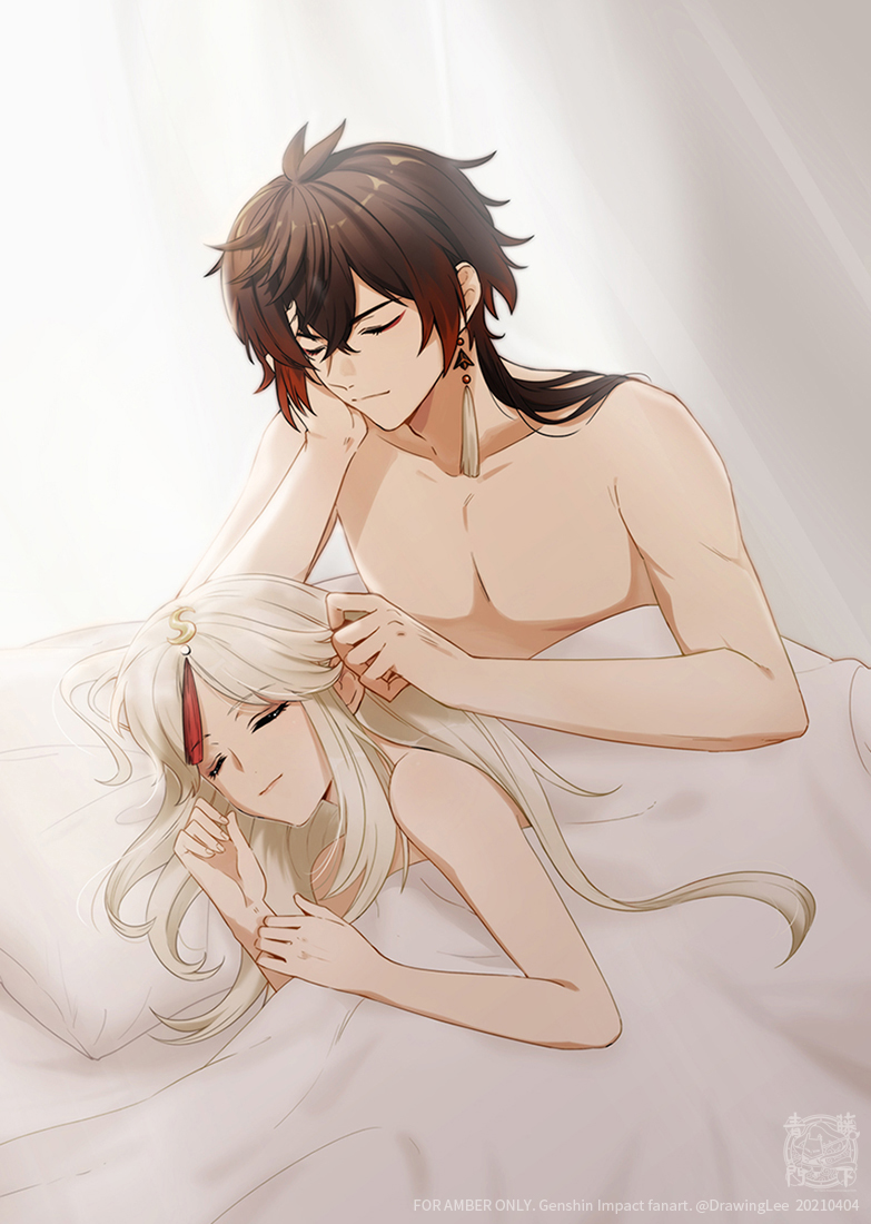1boy, 1girl, bangs, bare_shoulders, bed, black_hair, blanket, closed_eyes