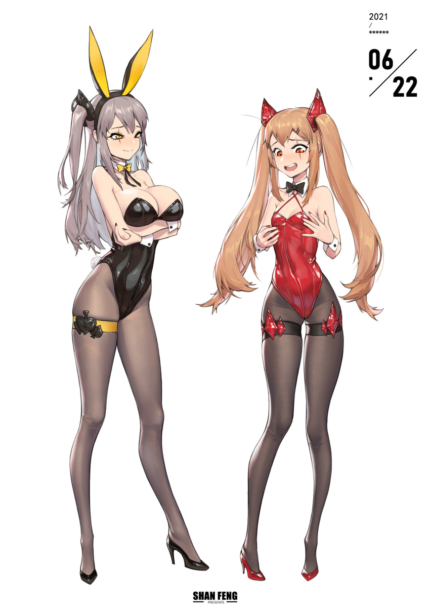2girls, alternate_breast_size, alternate_costume, black_nails, blush, breast_size_switch, breasts, girls_frontline, grey_hair, high_heels, highres, large_breasts, light_brown_hair, long_hair, multiple_girls, nail_polish, ouer_moyu, pantyhose, playboy_bunny, red_nails, scar, scar_across_eye, side_ponytail, small_breasts, smile, twintails, ump45_(girls_frontline), ump9_(girls_frontline), very_long_hair