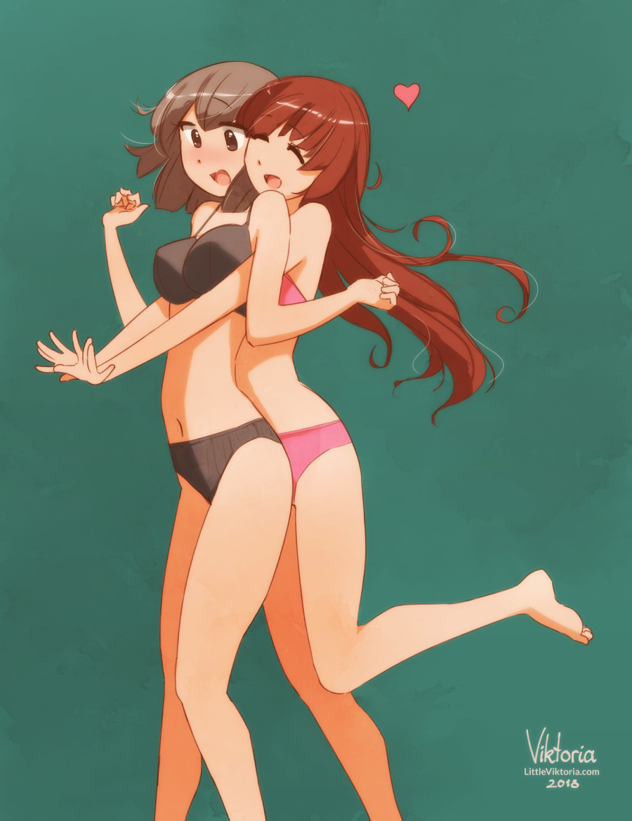 2girls, arms_up, artist_name, bare_legs, black_bra, black_panties, bra, brown_eyes