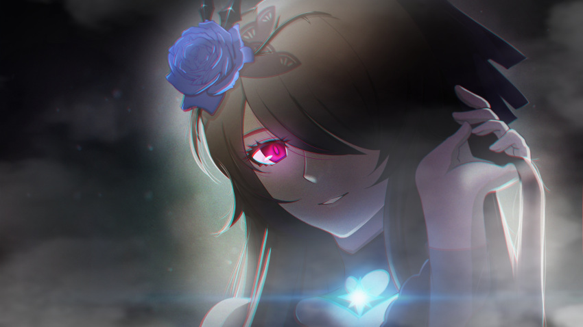 1girl, absurdres, blue_flower, blue_rose, chinese_commentary, chromatic_aberration, commentary_request, dark_background