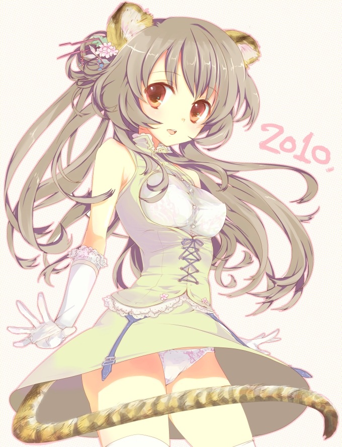 animal_ears, brown_hair, gloves, hair_ornament, long_hair, original, panties, solo