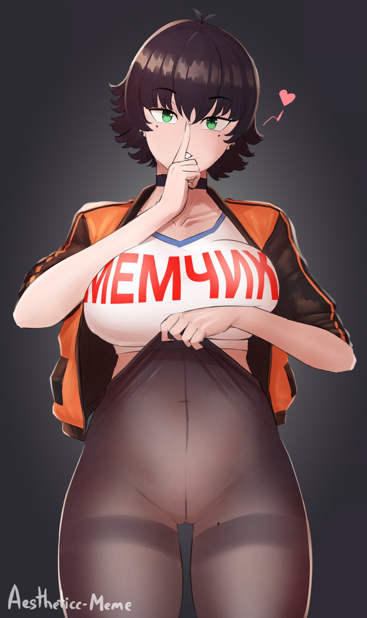 1girl, aestheticc-meme, artist_name, black_background, black_hair, black_legwear, choker, clothes_pull