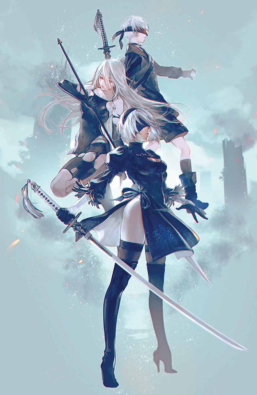 1boy, 2girls, android, bare_shoulders, black_blindfold, black_dress, black_footwear, black_gloves