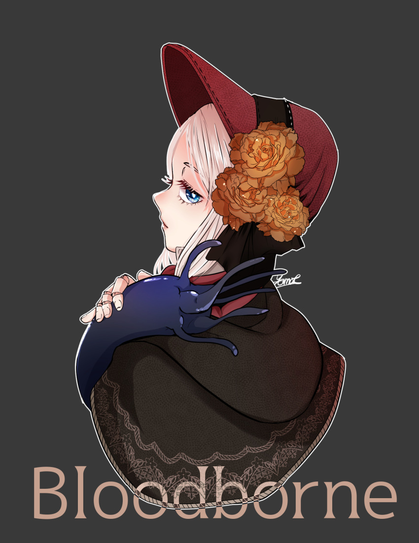 1girl, bangs, black_background, bloodborne, blue_eyes, bonnet, cloak, closed_mouth