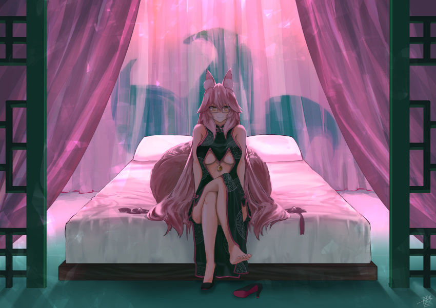 1girl, absurdres, animal_ear_fluff, animal_ears, bare_shoulders, barefoot, bed, breasts