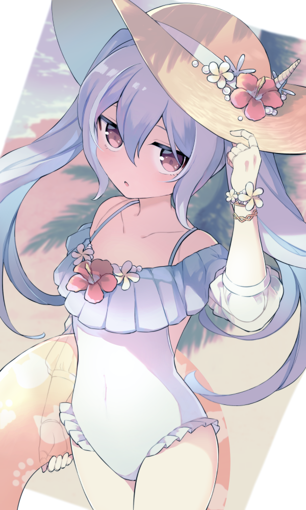 1girl, alternate_costume, bangs, blue_hair, blue_swimsuit, bracelet, casual_one-piece_swimsuit, collarbone