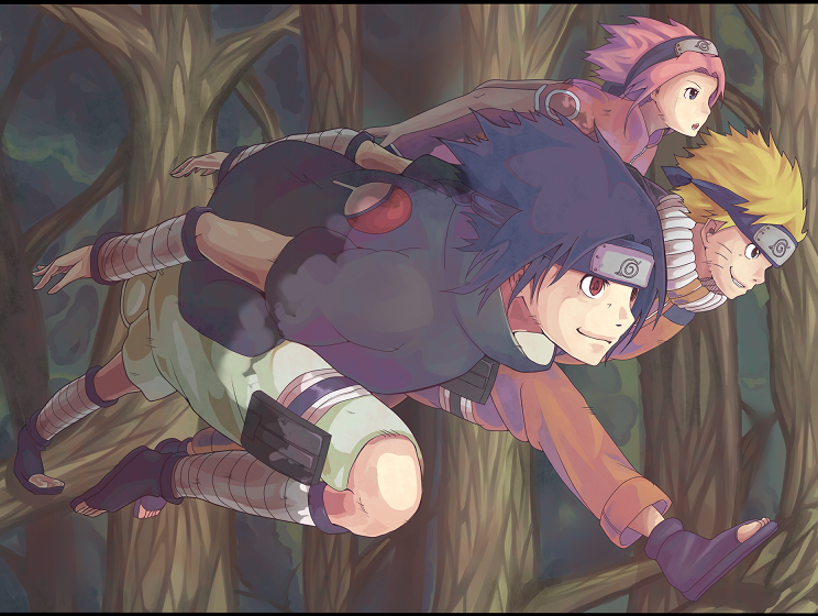 bandages, blonde_hair, blue_eyes, blue_hair, green_eyes, haruno_sakura, headband, insignia