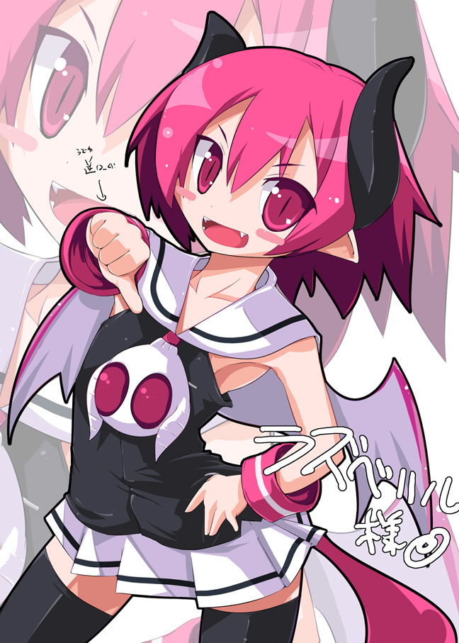 blush, demon_girl, devilgirl, disgaea, disgaea_3, fang, flat_chest, horns, makai_senki_disgaea_3, nippon_ichi, pink_eyes, pink_hair, pointy_ears, raspberyl, short_hair, short_skirt, slit_pupils, smile, thighhighs, thumbs_down, wings, zettai_ryouiki