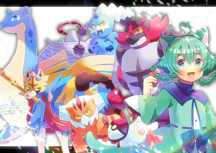 1girl, :d, ahoge, amoonguss, animal_ears, bangs, blue_eyes, blush