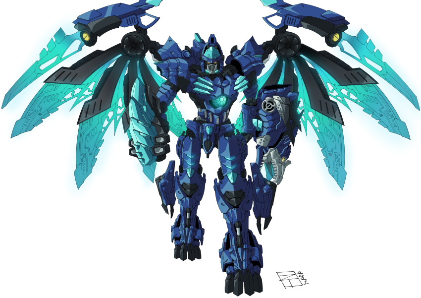 1boy, absurdres, beast_wars, clenched_hands, commission, cryotek, english_commentary, glowing, glowing_eyes, highres, lextodrawstuff, looking_at_viewer, mecha, mechanical_wings, no_humans, predacon, science_fiction, solo, transformers, walking, white_background, wings, yellow_eyes