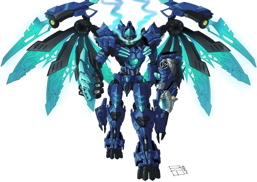 1boy, absurdres, beast_wars, clenched_hands, commission, cryotek, english_commentary, glowing, glowing_eyes, highres, lextodrawstuff, looking_at_viewer, mecha, mechanical_wings, no_humans, predacon, science_fiction, smoke, solo, transformers, walking, white_background, wings, yellow_eyes
