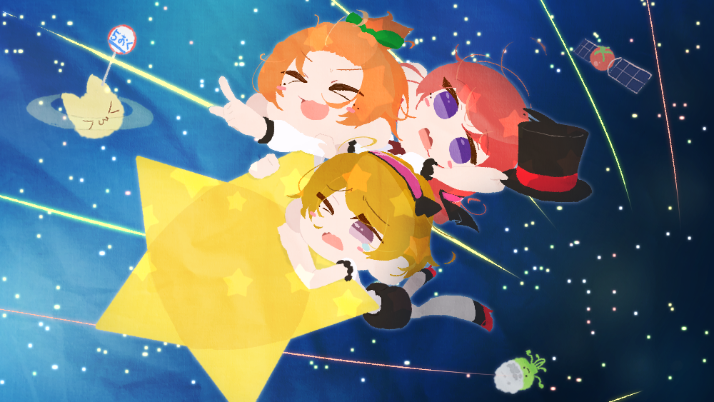 >3<, >_<, 3girls, alien, bangs, bangs_pinned_back, black_skirt, blush_stickers