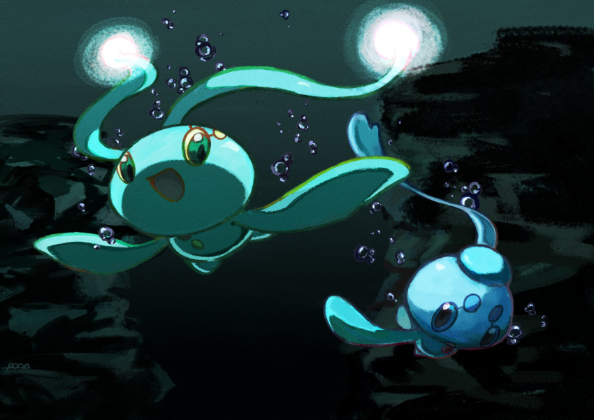 :d, air_bubble, bubble, colored_sclera, commentary, from_below, gen_4_pokemon, glowing, green_eyes, highres, looking_down, manaphy, mythical_pokemon, no_humans, open_mouth, outstretched_arms, phione, pn_(ltpn_257), pokemon, pokemon_(creature), smile, underwater, yellow_sclera