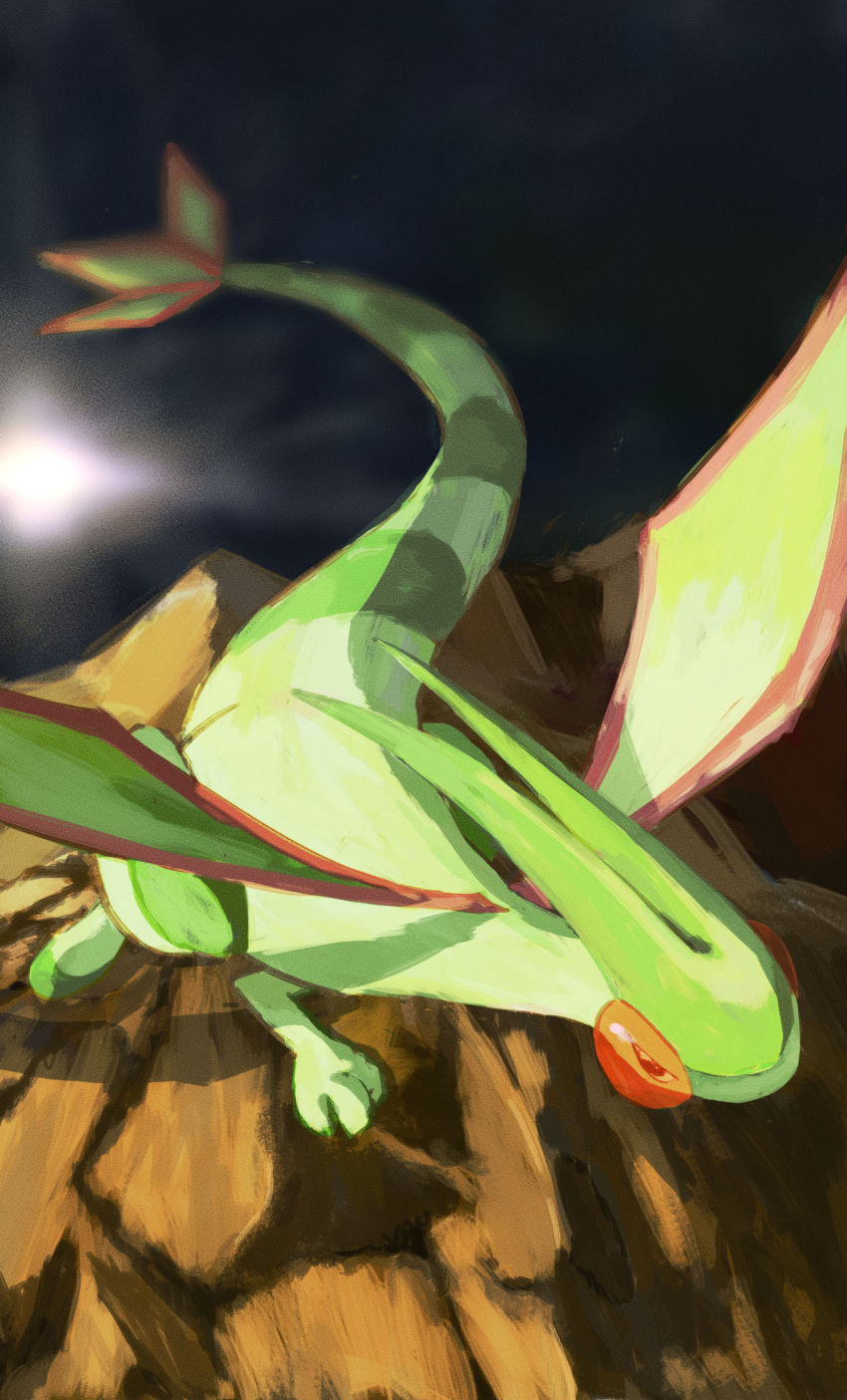 absurdres, blurry, commentary, flygon, flying, gen_3_pokemon, highres, night