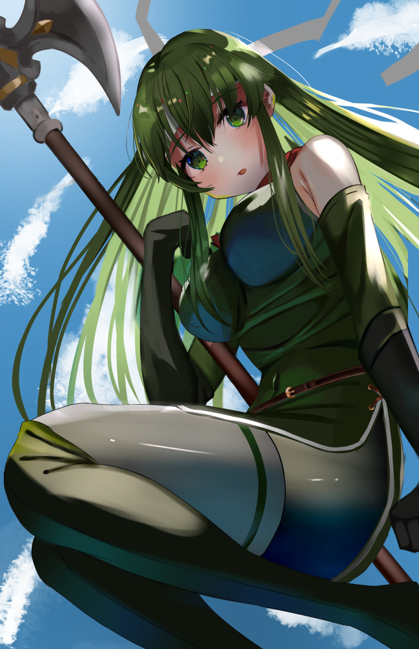 1girl, absurdres, bangs, bare_shoulders, blue_sky, blush, breasts, chil0107