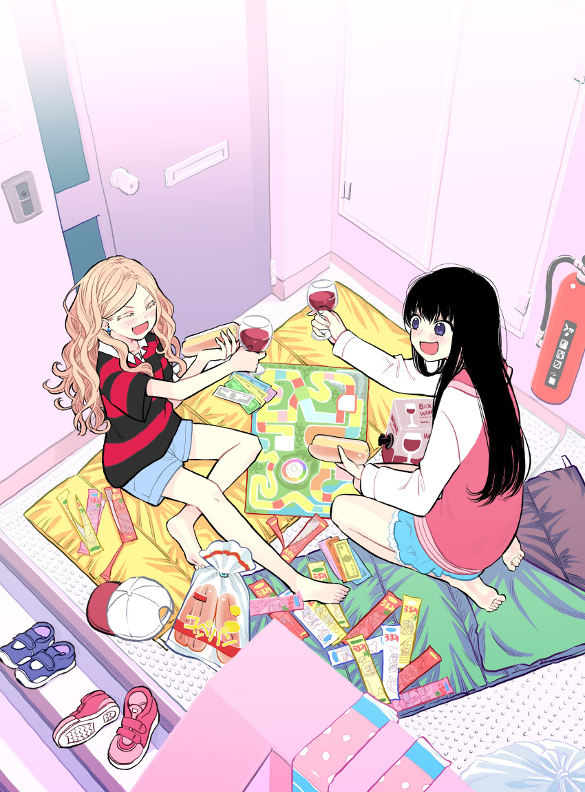2girls, absurdres, bare_arms, bare_legs, barefoot, black_hair, black_shirt, blonde_hair, blue_skirt, blush, board_game, candy, closed_mouth, commentary_request, cover_image, cup, curly_hair, denim, denim_shorts, door, drinking_glass, feet, fire_extinguisher, food, from_above, futari_escape, hat, hat_removed, headwear_removed, highres, holding, holding_food, hot_dog_bun, indoors, kouhai_(futari_escape), laughing, long_hair, long_sleeves, multiple_girls, official_art, open_mouth, pink_sweater, red_shirt, seiza, senpai_(futari_escape), shirt, shoes_removed, short_sleeves, shorts, sitting, sitting_on_floor, skirt, sleeping_bag, striped, striped_shirt, sun_symbol, sweater, taguchi_shouichi, toast_(gesture), v-shaped_eyebrows, violet_eyes, wine_glass