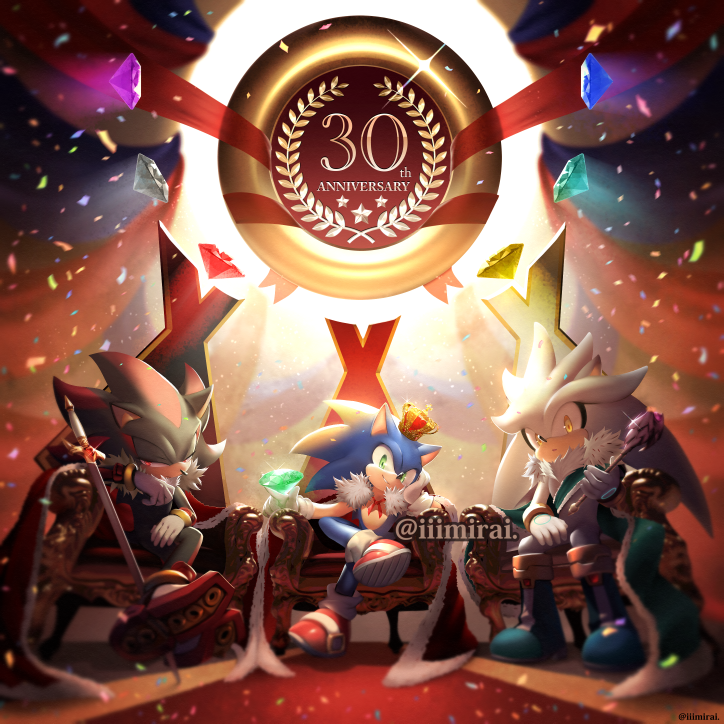 3boys, anniversary, cape, chaos_emerald, commentary_request, confetti, crown, furry, gem, gloves, green_eyes, iiimirai, jewelry, male_focus, multiple_boys, red_cape, red_eyes, ring, shadow_the_hedgehog, shoes, silver_the_hedgehog, sitting, sneakers, sonic_(series), sonic_the_hedgehog, sword, throne, weapon, white_gloves, yellow_eyes