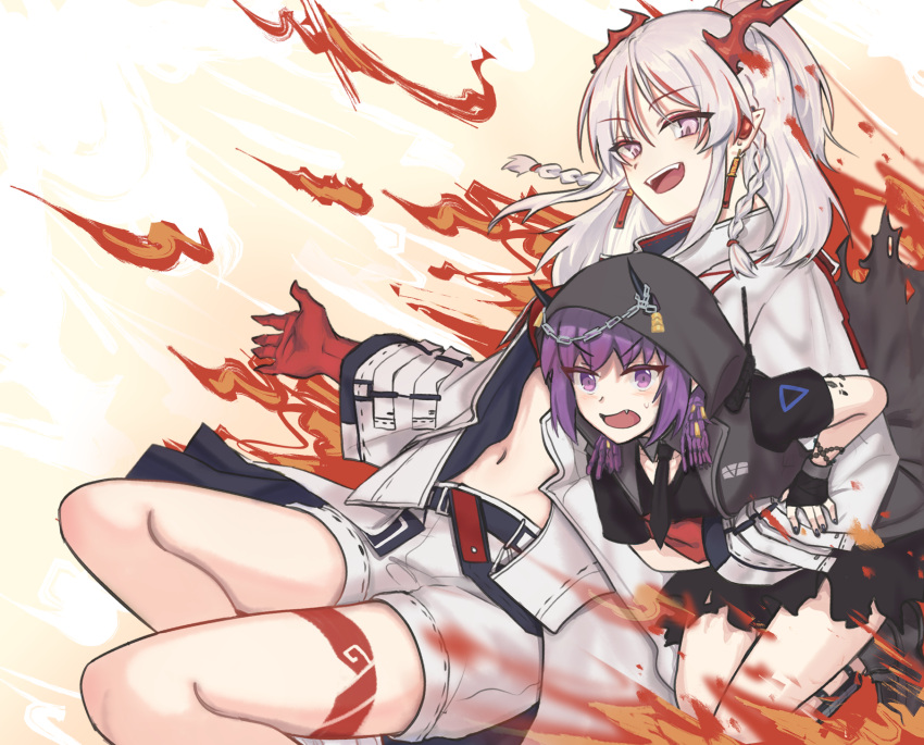 2girls, arknights, black_jacket, black_neckwear, black_shirt, black_skirt, blush, carrying_under_arm