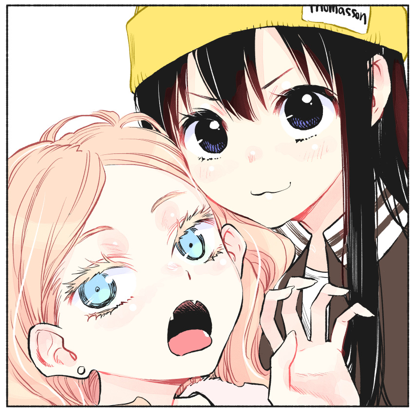 2girls, :3, absurdres, beanie, black_border, black_hair, blue_eyes, border