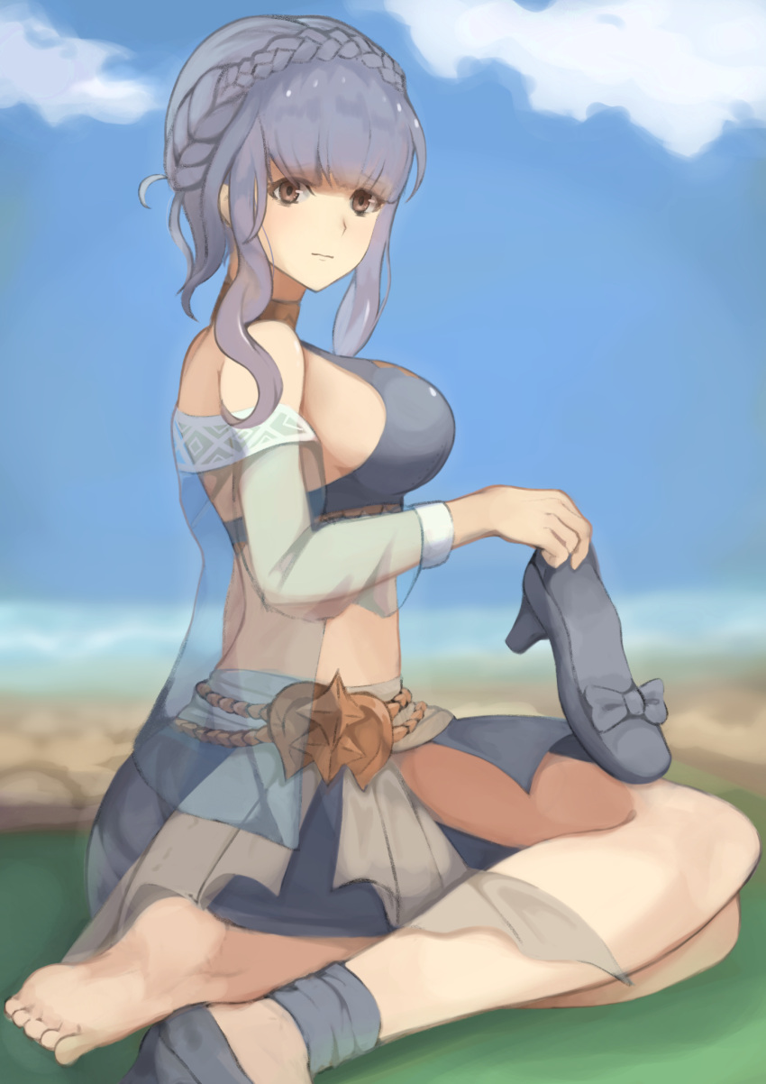 1girl, akacolor, barefoot, beach, beach_towel, bikini, blue_bikini, blue_hair