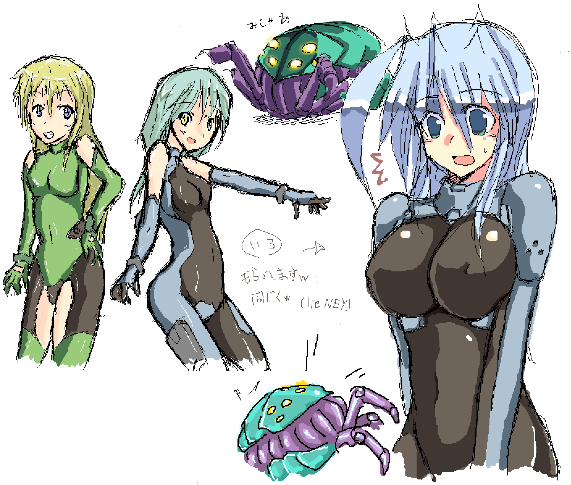 3girls, amidas, aqua_hair, armored_core, armored_core_last_raven, armored_core_nexus, blonde_hair, blue_hair