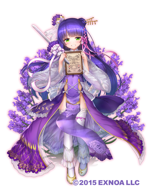 1girl, commentary_request, flower, flower_knight_girl, full_body, green_eyes, hair_ornament, lavender_(flower_knight_girl)