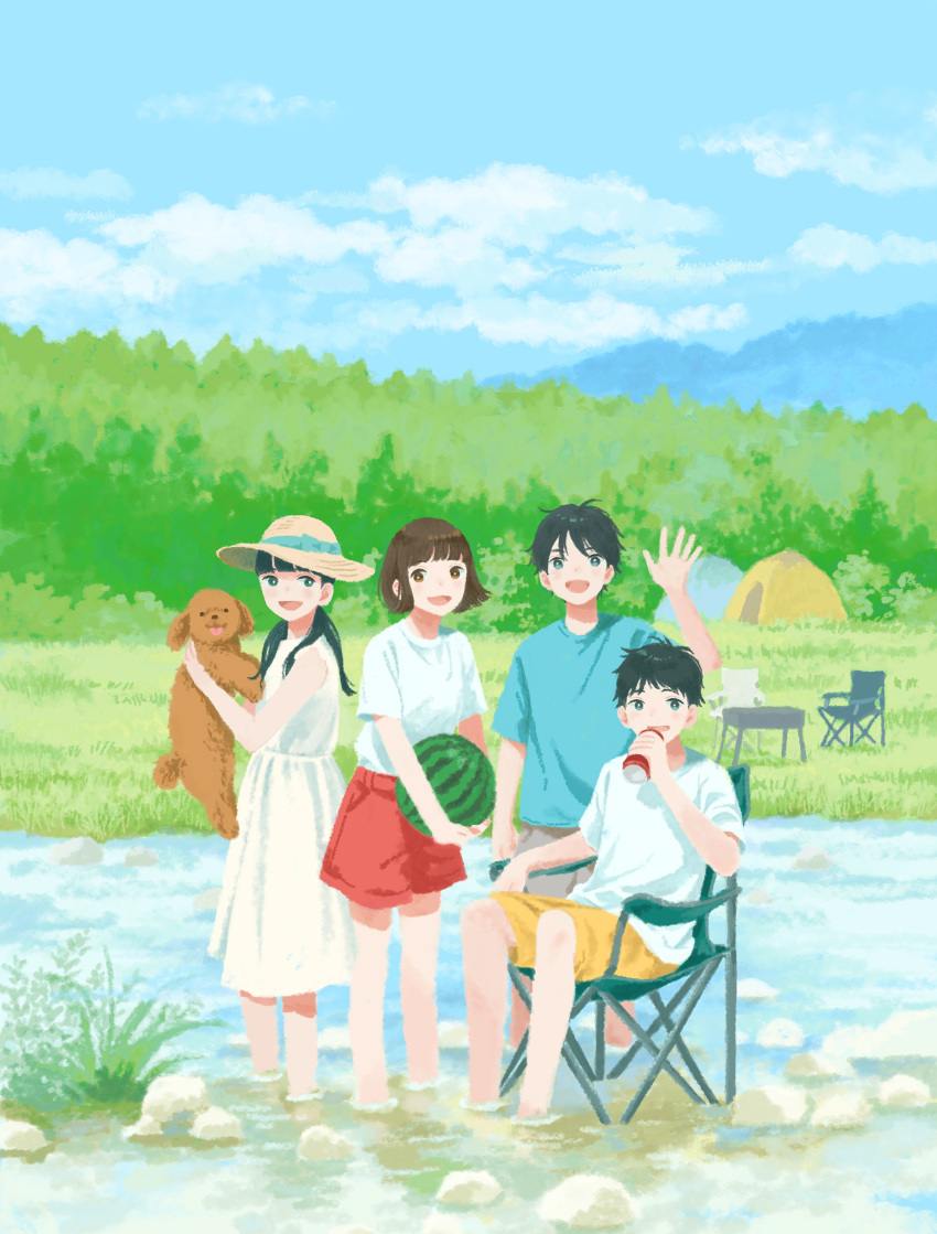 2boys, 2girls, absurdres, arm_up, bangs, black_hair, blue_shirt, blunt_bangs