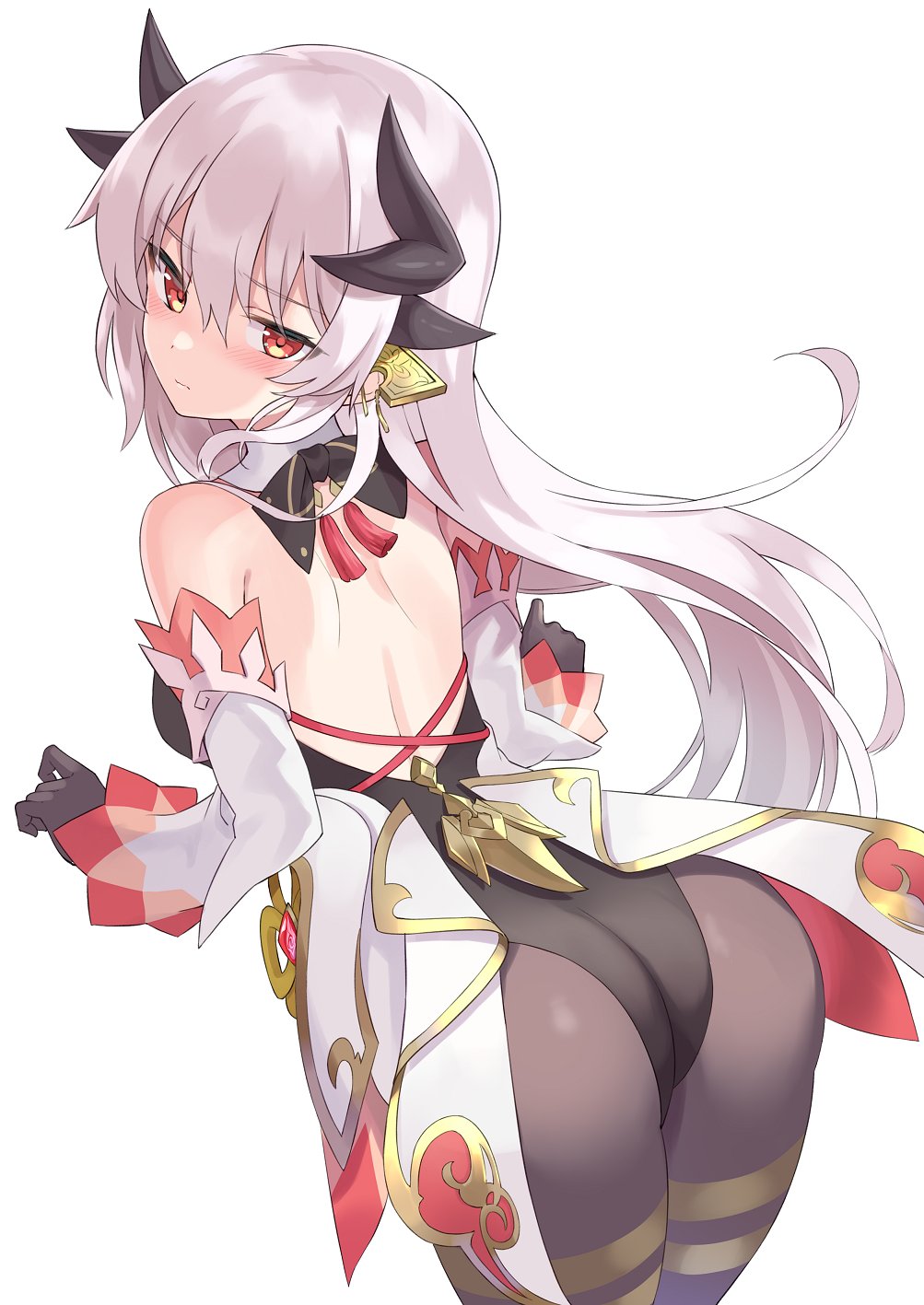 100, 1girl, alternate_color, ass, back, backless_leotard, black_gloves, black_legwear