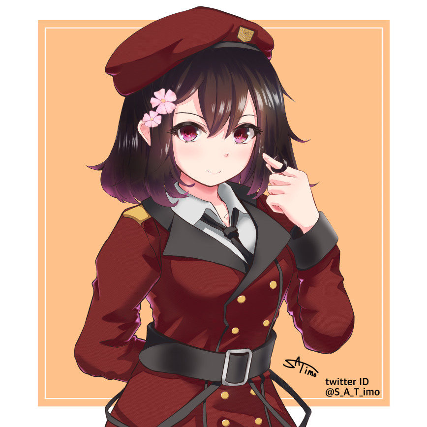 1girl, beret, black_hair, commission, doboru_(pixiv20862474), emblem, female_commander_(girls_frontline), girls_frontline