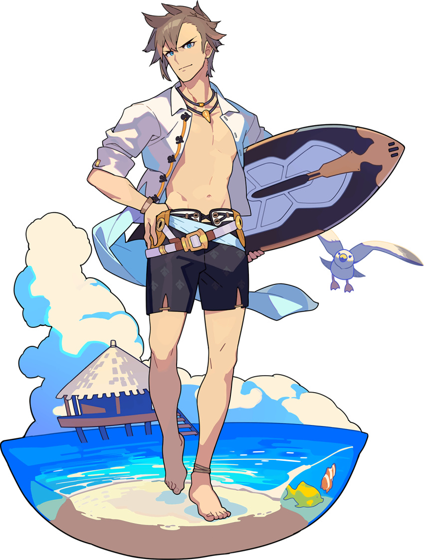 1boy, anchor_symbol, ankleband, artist_request, bangs, barefoot, beach, belt
