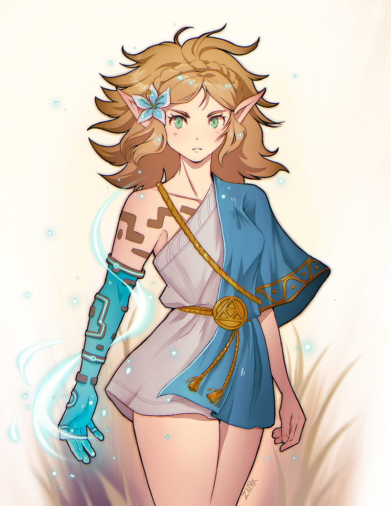 1girl, alternate_costume, alternate_hairstyle, blonde_hair, flower, green_eyes, hair_flower, hair_ornament, legs, long_hair, looking_at_viewer, pointy_ears, princess_zelda, solo, the_legend_of_zelda, the_legend_of_zelda:_breath_of_the_wild, the_legend_of_zelda:_breath_of_the_wild_2, toga, zaphk