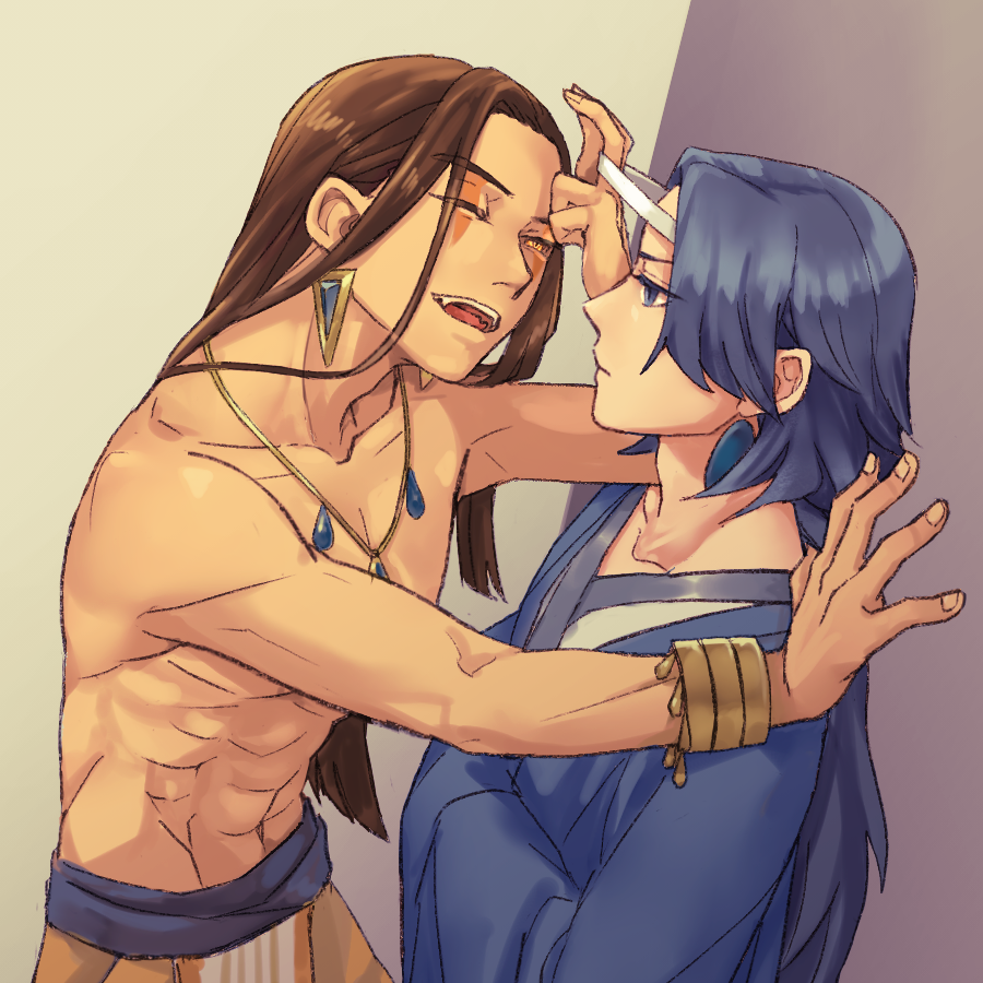 2boys, black_hair, blue_eyes, blue_hair, blue_robe, bracelet, closed_eyes, earrings