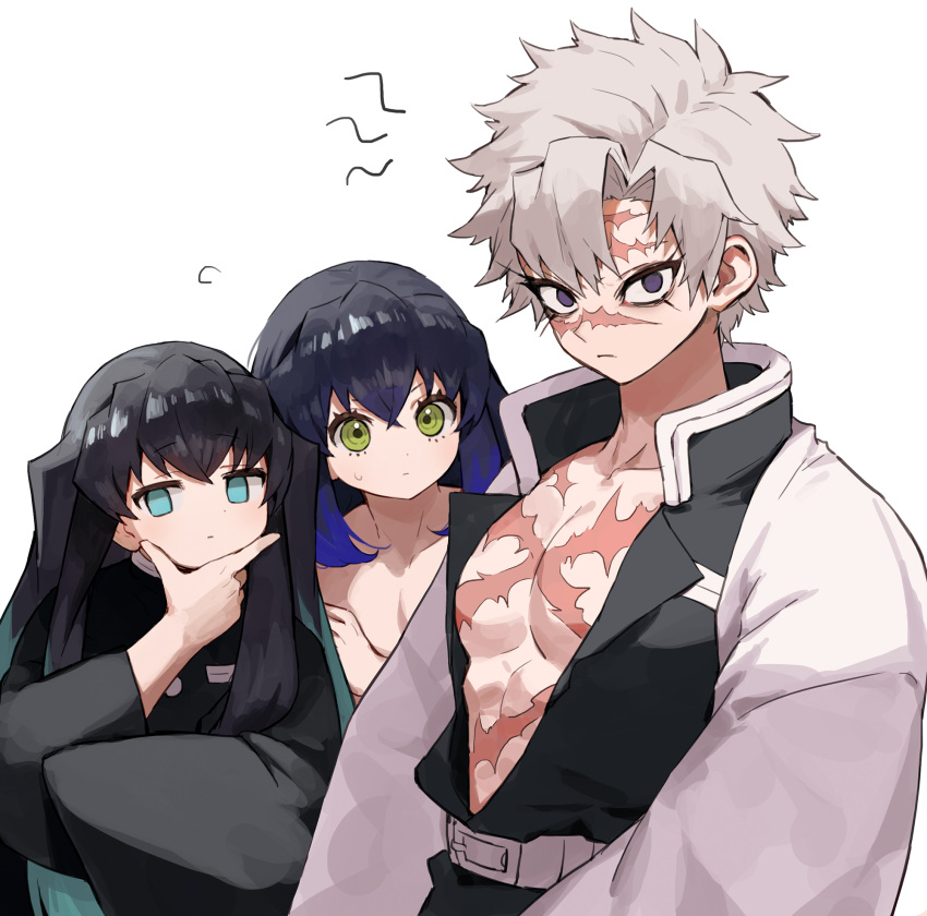 3boys, aqua_eyes, aqua_hair, bangs, black_hair, blue_hair, closed_mouth, eyelashes
