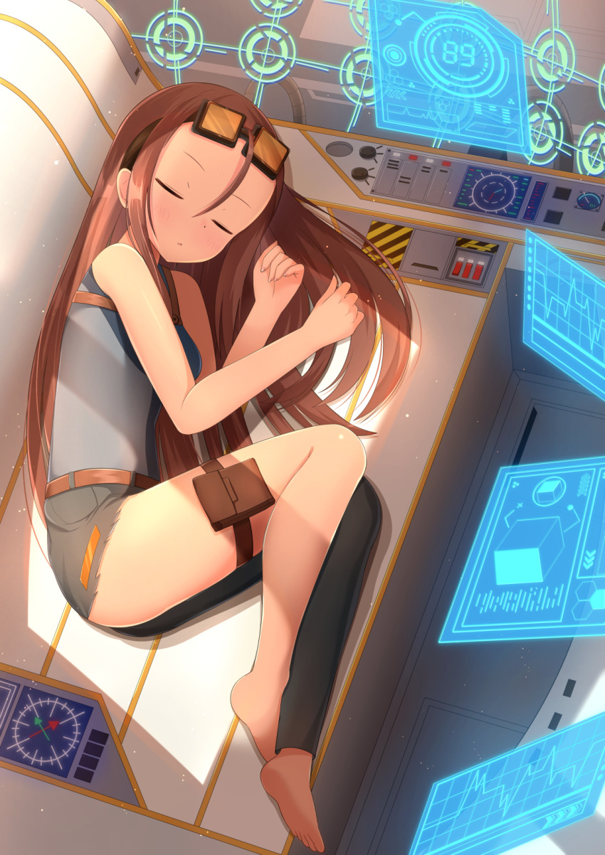 1girl, aviator_sunglasses, barefoot, belt, blush, brown_hair, closed_eyes, commentary_request