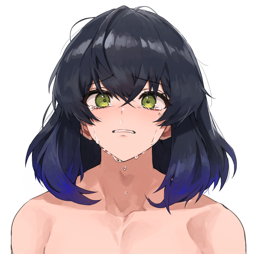 1boy, absurdres, bangs, black_hair, blue_hair, blush, clenched_teeth, crying