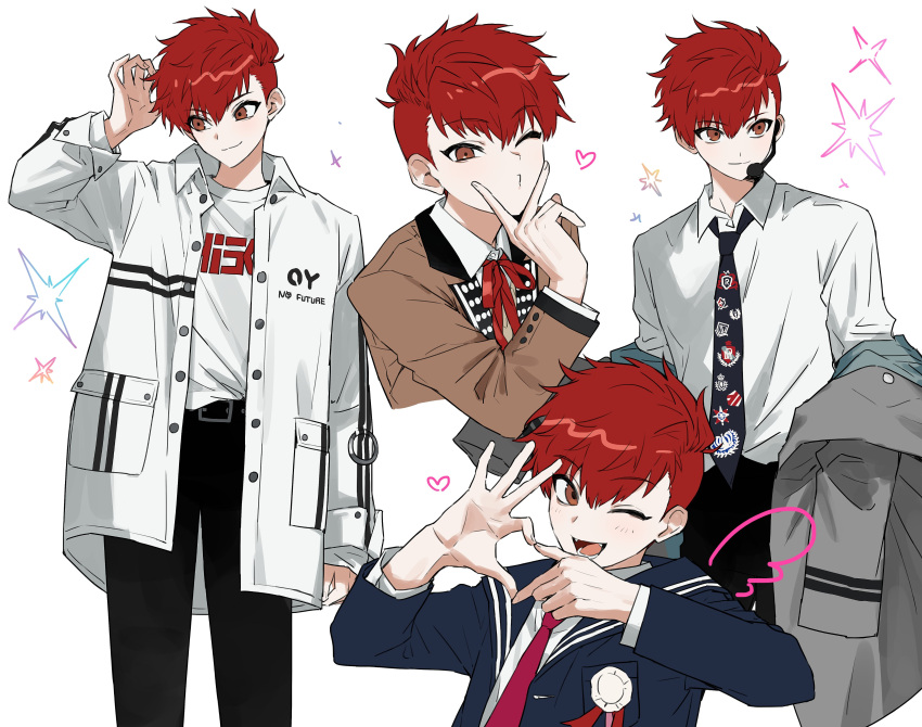 1boy, absurdres, bangs, black_pants, blue_jacket, blue_sailor_collar, brown_jacket, buried_stars