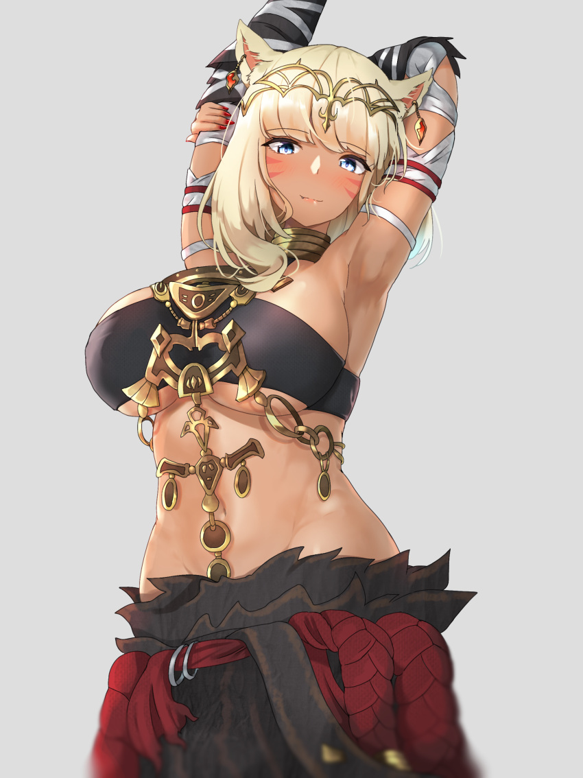 1girl, absurdres, animal_ears, arm_above_head, arm_behind_head, arm_up, armpits, blonde_hair