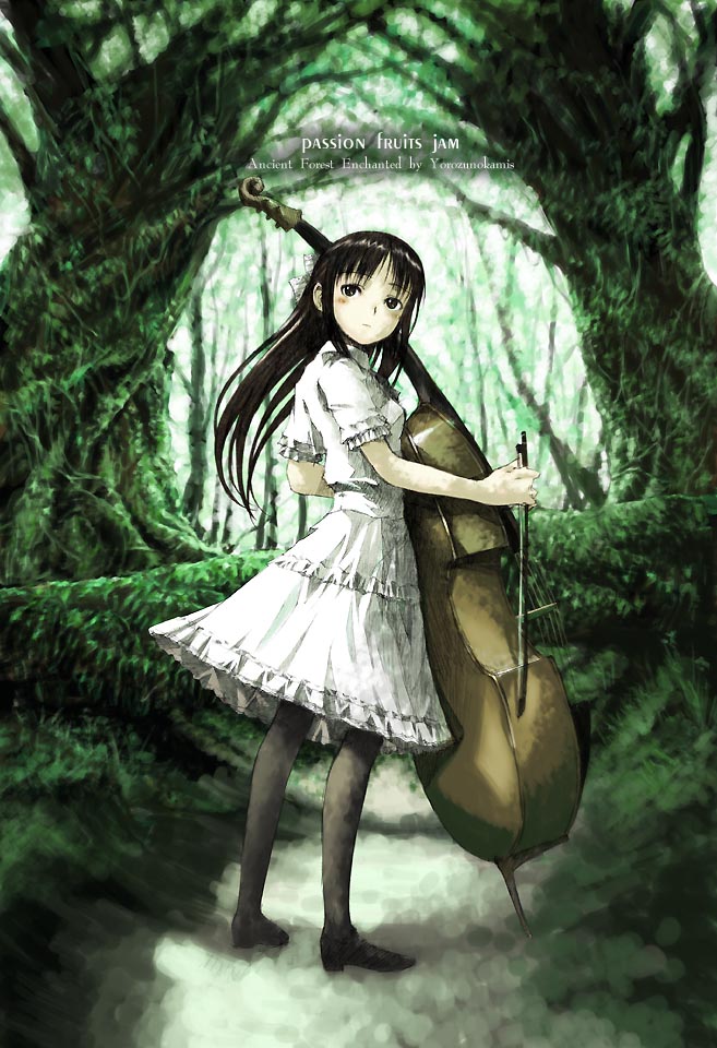 1girl, black_hair, dress, forest, instrument, loli, long_hair, looking_back