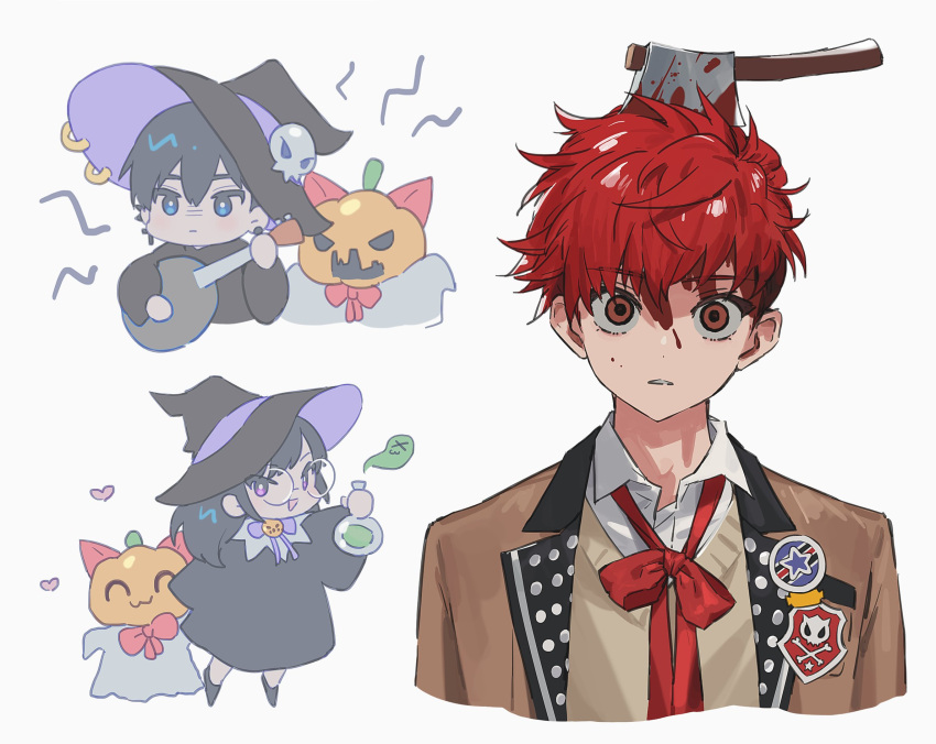 1girl, 2boys, axe, bangs, bespectacled, black_dress, black_hair, blue_eyes