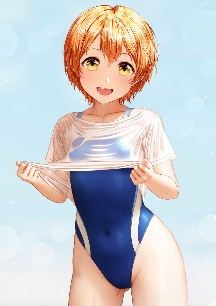 1girl, blue_background, blue_swimsuit, breasts, egawo, gradient, gradient_background, highres