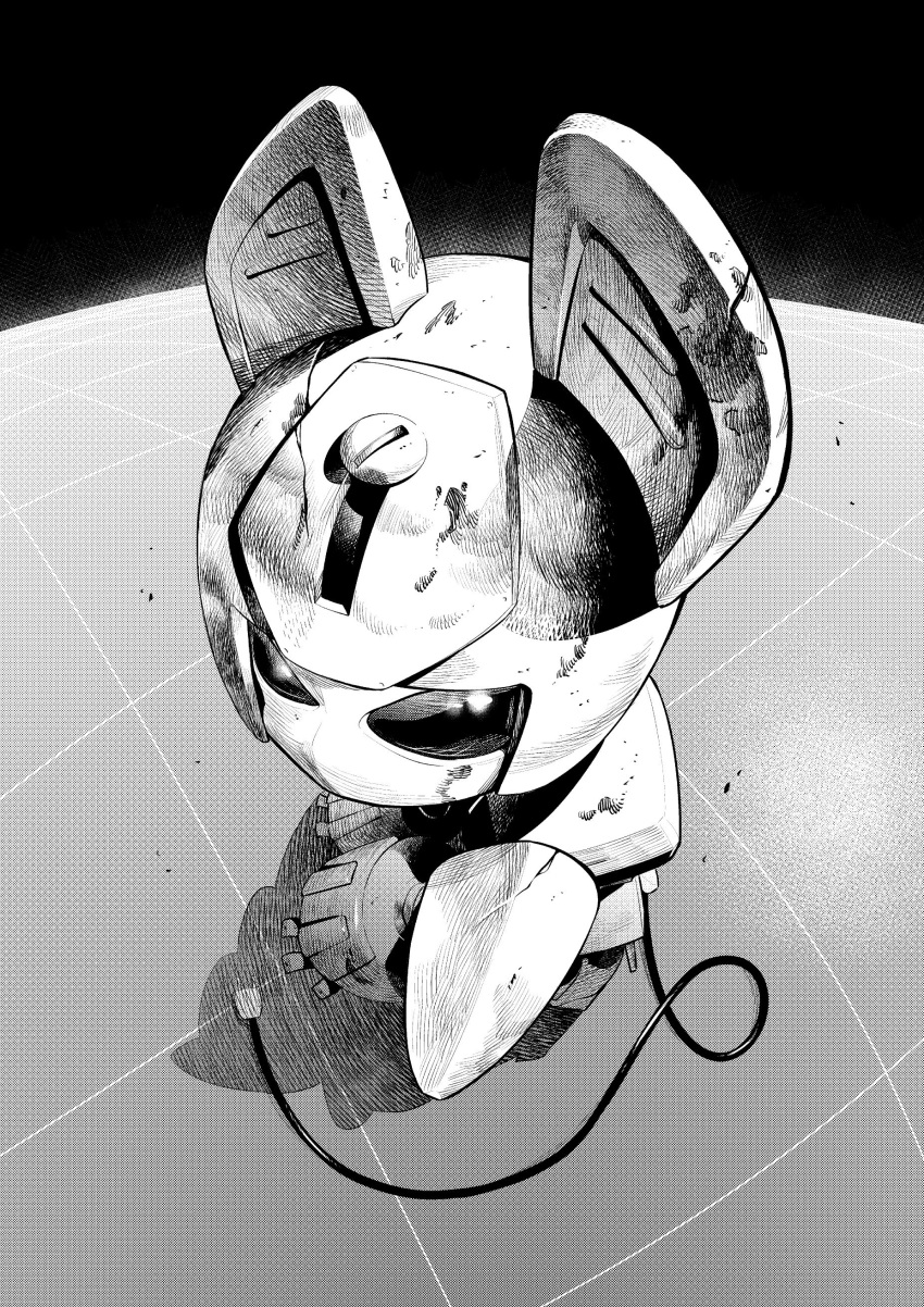 absurdres, animal_ears, cable_tail, commentary_request, crack, dirty, fake_animal_ears, fisheye, from_above, full_body, greyscale, hatching_(texture), highres, komiyama_sato_(pensmiler), looking_at_viewer, medarot, monochrome, no_humans, pepper_cat, robot