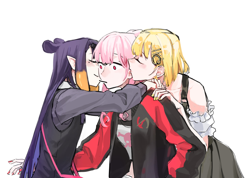 3girls, bangs, black_dress, blonde_hair, cheek_kiss, crop_top, detached_sleeves, dress