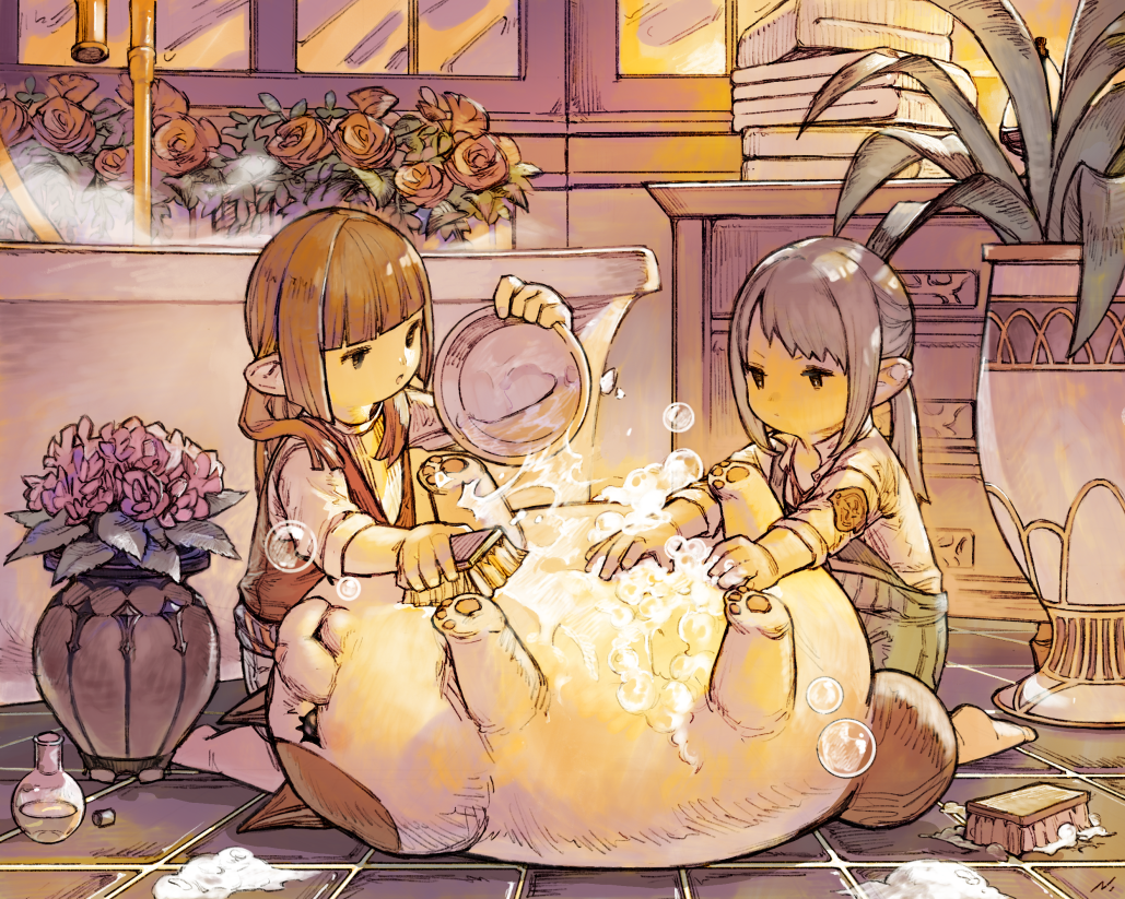 2girls, bangs, blunt_bangs, brush, bubble, bucket, cat, fatter_cat_(ff14)