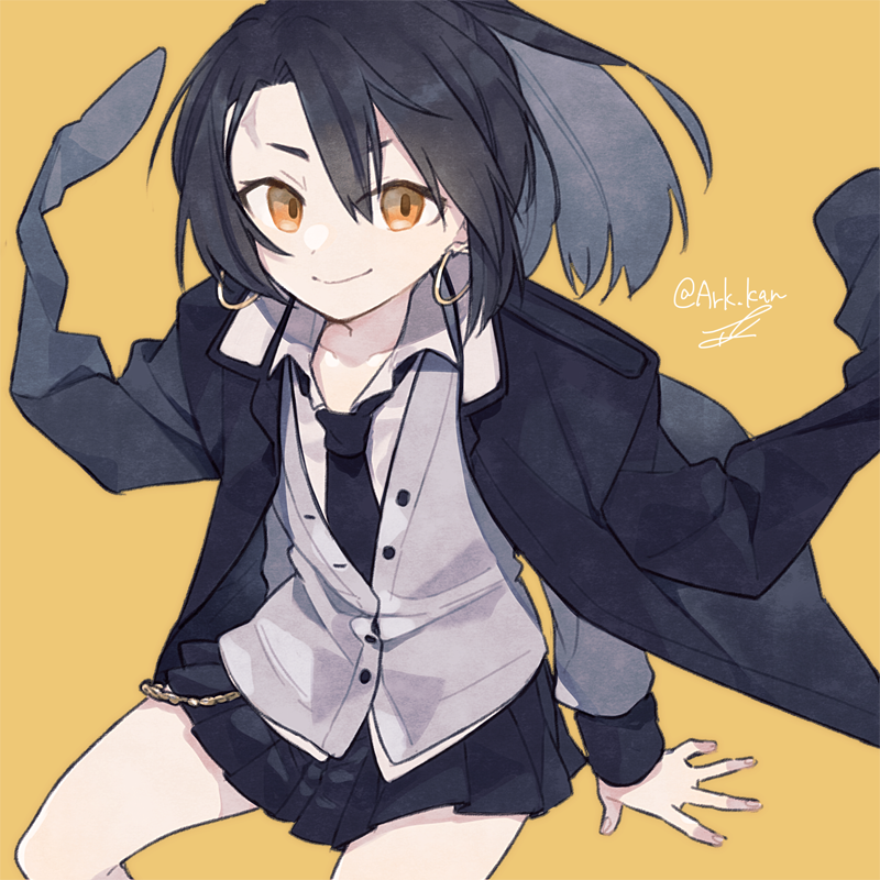 1girl, alchemy_stars, ark_kan, artist_name, bangs, bare_legs, black_hair, black_jacket