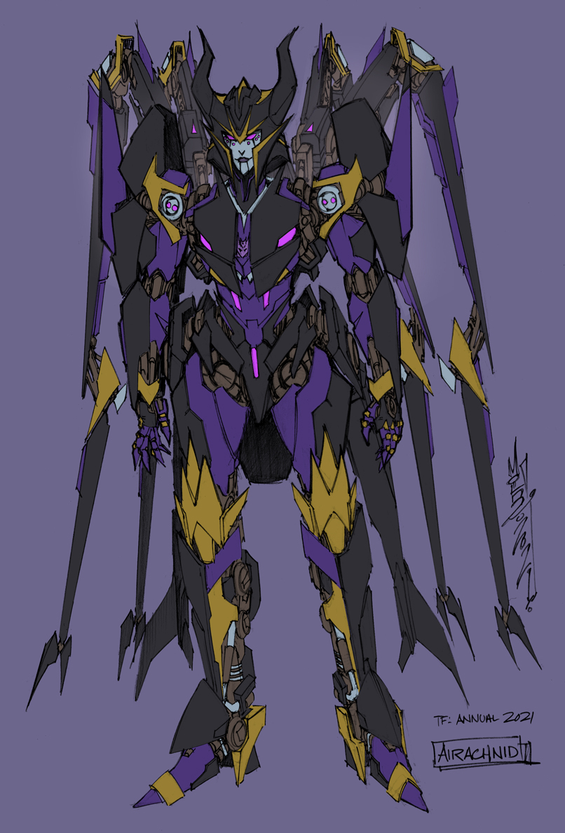 1girl, airachnid, alex_milne, character_sheet, decepticon, english_commentary, horns, mecha