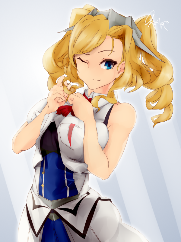 1girl, ascot, blonde_hair, blue_eyes, breast_pocket, breasts, commentary_request, cowboy_shot
