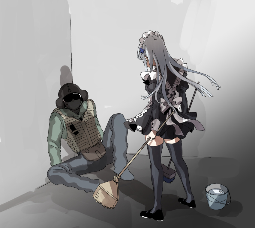 1boy, 1girl, black_dress, black_footwear, black_legwear, broom, bucket, bucket_of_water, crossover, dress, dual_wielding, girls_frontline, hair_ornament, helmet, highres, hk416_(girls_frontline), holding, holding_broom, jaeger_(rainbow_six_siege), long_hair, long_sleeves, maid, maid_headdress, military_operator, pants, rainbow_six_siege, sanso_(kasyawamoti), shoes, silver_hair, sitting, standing, thigh-highs
