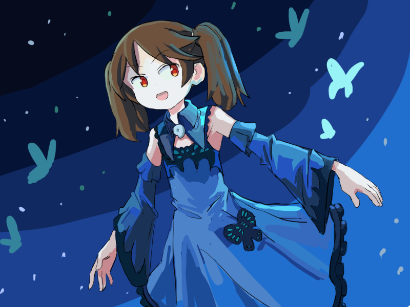 1girl, alternate_costume, blue_dress, brown_hair, bug, butterfly, cosplay, detached_sleeves, dress, english_commentary, flat_chest, frilled_dress, frills, hololive, insect, kantai_collection, looking_to_the_side, magatama, one-hour_drawing_challenge, ryuujou_(kancolle), sixten, solo, trait_connection, twintails, uruha_rushia, uruha_rushia_(cosplay), yellow_eyes