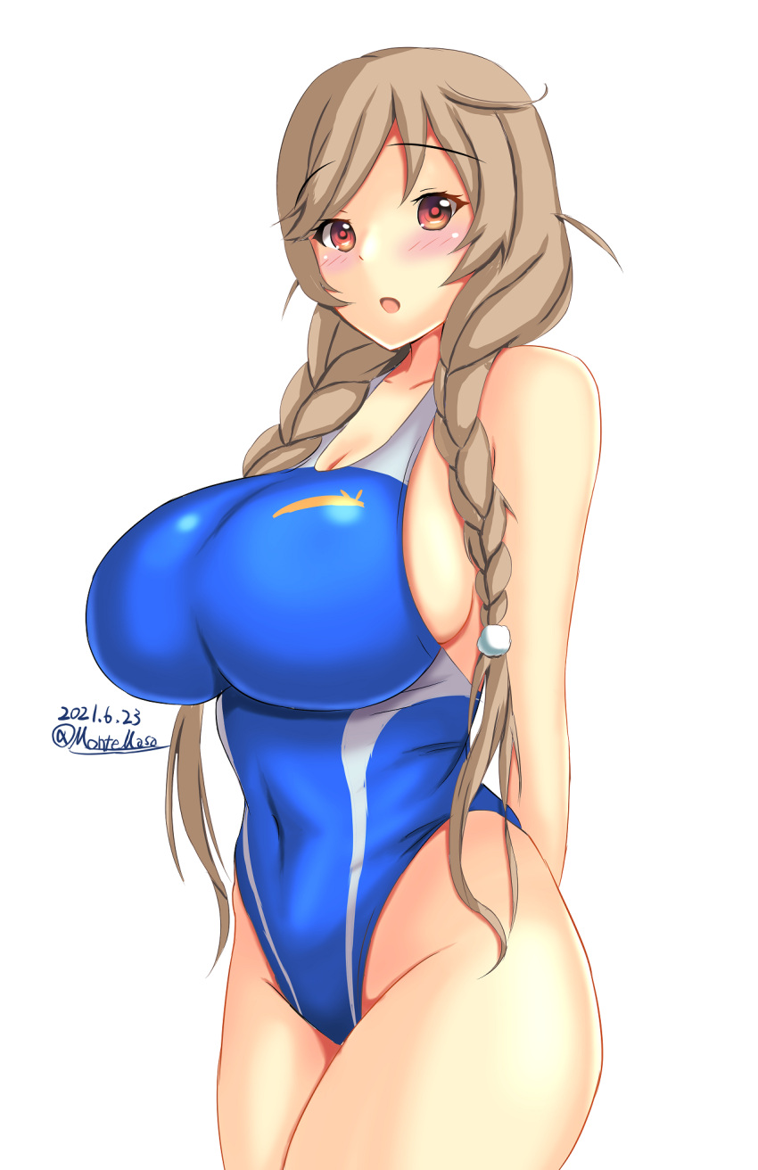1girl, arms_behind_back, blue_swimsuit, braid, breasts, cloud_hair_ornament, competition_swimsuit, cowboy_shot