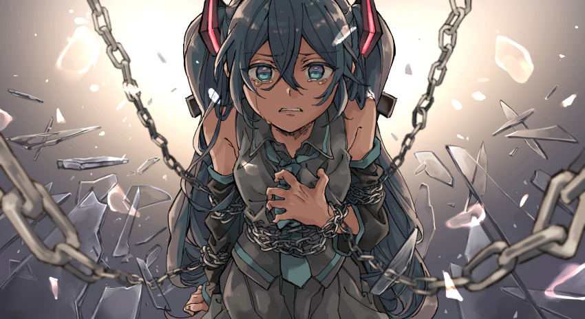 1girl, aqua_eyes, aqua_hair, aqua_neckwear, backlighting, bare_shoulders, chain, chained